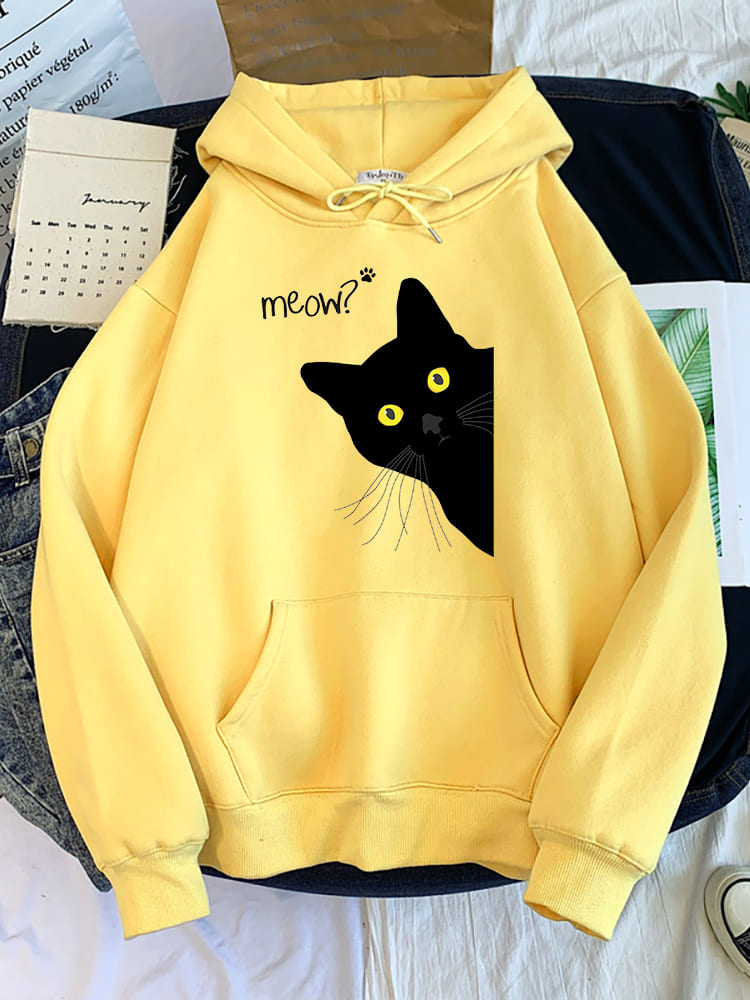 Meow Black Cat Print Hoodie