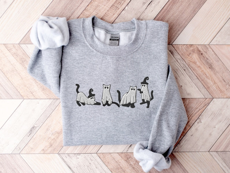 Embroidered Cat Halloween Sweatshirt